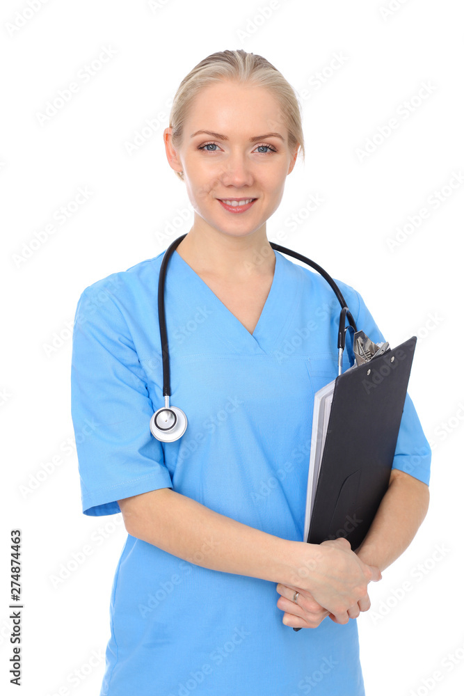 Doctor woman or nurse isolated over white background. Cheerful smiling medical staff representative. Medicine concept Doctor woman or nurse isolated over white background. Cheerful smiling medical staff representative. Medicine concept