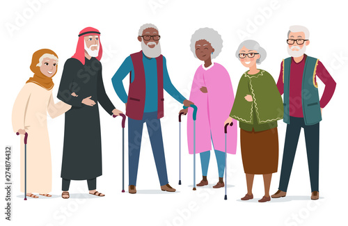 International happy old people. Elderly afroamericans, muslims and caucasians vector illustration. Arab islam people, muslim grandmother, together multicultural people