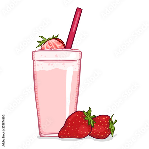 Glass of Strawberry Milk Shake. Vector Cartoon Illustration