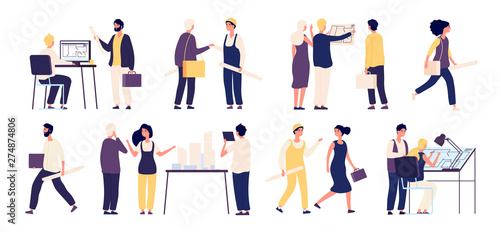 Architects and builders. Construction workers, occupational architect, professional engineer. Architectural vector isolated characters. Illustration architect and worker engineer, builder professional