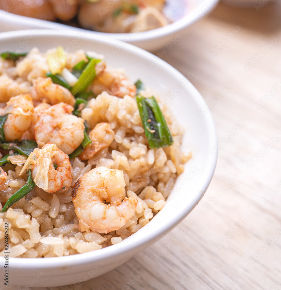 Braised shrimp over rice - Taiwan famous traditional street food. Soy-stewed prawn on cooked rice. Travel concept, top view, copy space, close up Braised shrimp over rice - Taiwan famous traditional street food. Soy-stewed prawn on cooked rice. Travel concept, top view, copy space, close up