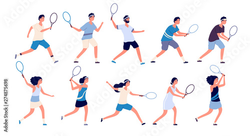 Tennis players. Man and woman holding racket and hitting ball playing tennis. Isolated cartoon vector characters set. Illustration of player tennis with racket, play sport activity