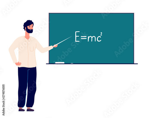 Teacher professor at blackboard. man teaching physics in classroom college. online education and back to school vector concept. School teacher, professor near blackboard in classroom illustration