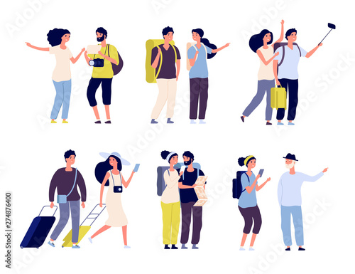 Tourist characters. Young couple family, tourists travelling with backpacks and bags, suitcases. Summer vacation people isolated vector. Illustration of summer tourist character, woman and man photo
