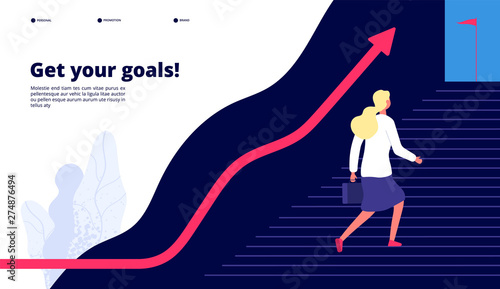 Personal growth. Woman walking steps to success, boost your work to target. Professional career business vector concept. Illustration of climbing to opportunity, personal success in career