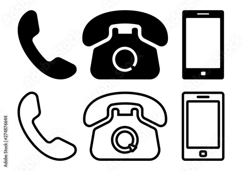 Black set of phone icons, flat and outline design. Vector illustration