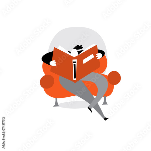 Funny vector cartoon illustration of male, sitting in the armchair and reading book. Isolated on white,