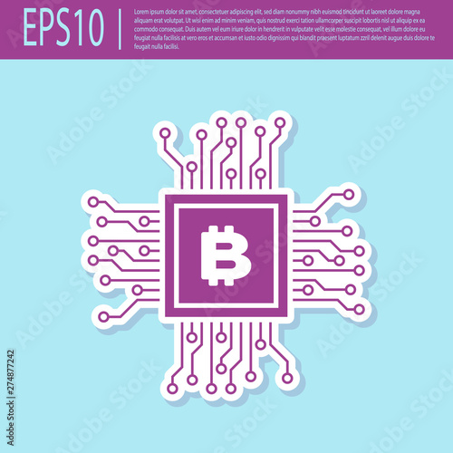 Retro purple CPU mining farm icon isolated on turquoise background. Bitcoin sign inside processor. Cryptocurrency mining community. Digital money. Flat design. Vector Illustration
