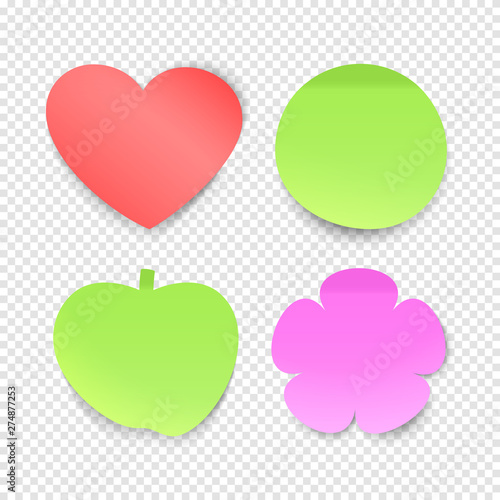 Memo stickers vector collection, sticky notes isolated on transparent background. Illustration of memo note, flower and heart, apple and round form