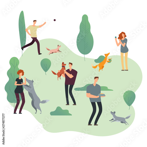 People and pets. Volunteers with homeless dogs vector illustration. Park with person walk pets