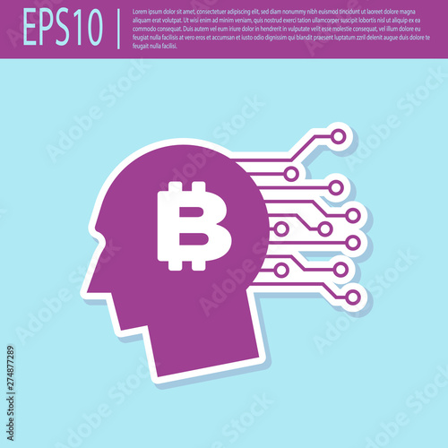 Retro purple Bitcoin think icon isolated on turquoise background. Cryptocurrency head. Blockchain technology, bitcoin, digital money market, cryptocoin wallet. Flat design. Vector Illustration