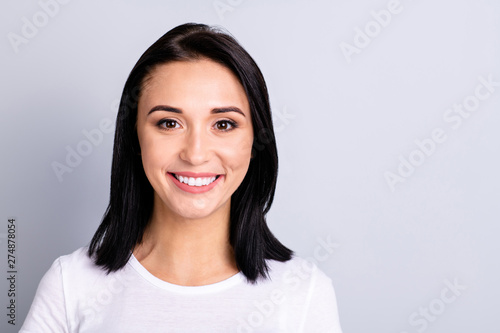 Close up photo beautiful amazing she her lady ideal plump lips sincere kind self-confident easy-going listening great good news wear casual white t-shirt isolated bright grey background