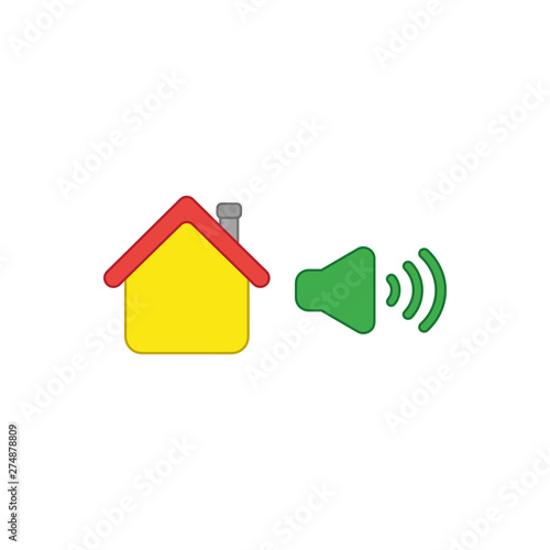 Vector icon concept of house with high speaker sound, loud voice.