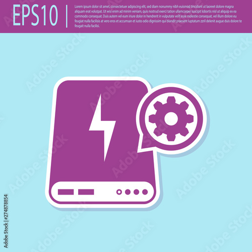 Retro purple Power bank and gear icon isolated on turquoise background. Adjusting app, service concept, setting options, maintenance, repair, fixing. Vector Illustration