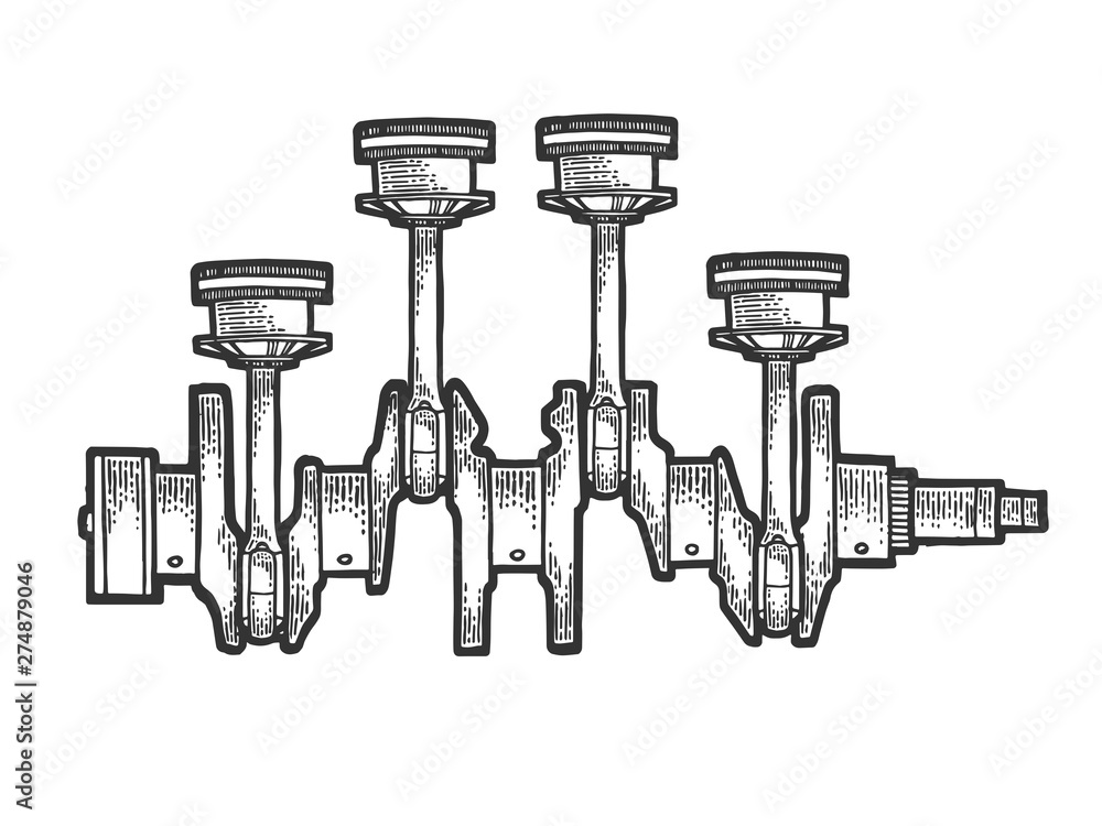 Vettoriale Stock Engine car motor pistons on crankshaft sketch engraving vector illustration