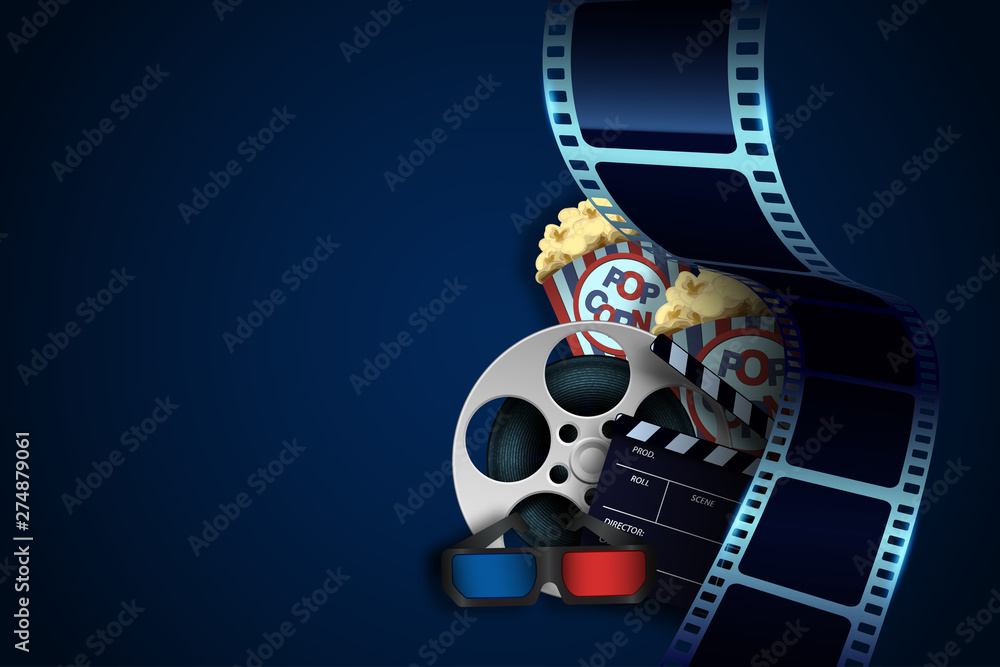Film Reel Clapper Board 3d Cinema Glasses Popcorn And Twisted Cinema Tape Isolated On Blue Background Movie Poster Template With Sample Text For Cinema Design Cinematography Concept Vector Illus Stock Vector