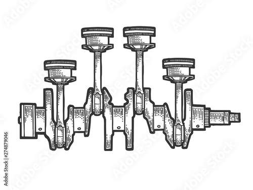 Engine car motor pistons on crankshaft sketch engraving vector illustration. Scratch board style imitation. Black and white hand drawn image.
