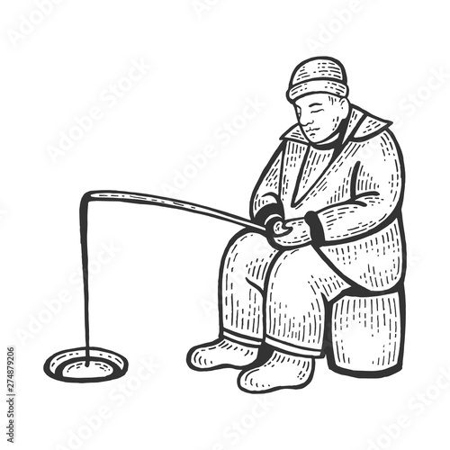 Ice fishing man sketch engraving vector illustration. Scratch board style imitation. Hand drawn image.