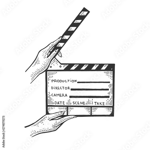 Movie clapperboard in hands sketch engraving vector illustration. Scratch board style imitation. Black and white hand drawn image.