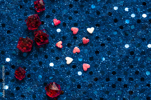 Fototapeta Naklejka Na Ścianę i Meble -  Hearts on a blue blur glitter. Valentines background