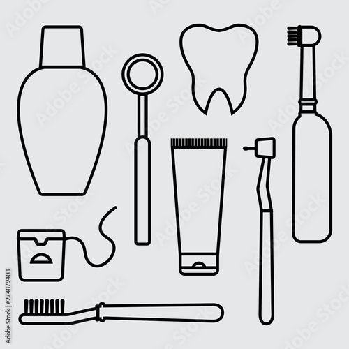 Stomatology. Oral care and hygiene, dentistry and tooth cleaning. Outline design. Vector illustration
