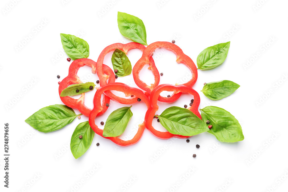 Fototapeta premium Fresh basil, pepper and spices on white background