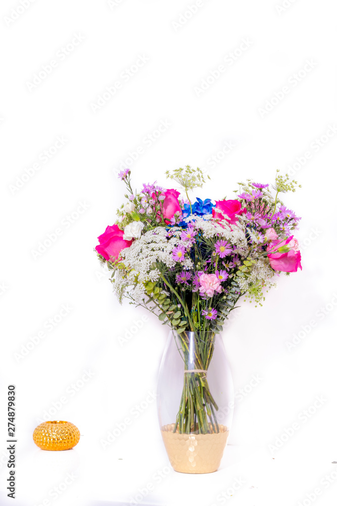 Floral arrangement with roses, carnations, blue hydrangea, snowflake, roses, carnations, blue hydrangea, snowflake