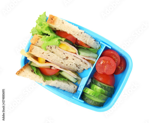 School lunch box with tasty food on white background © Pixel-Shot