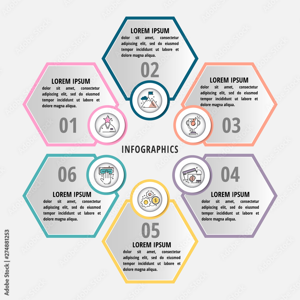 Vector Infographics flat template hexagons. Can be used for diagram, graph, presentation, business concept options, content, flowchart, timeline, workflow, marketing, banner, web design Vector Infographics flat template hexagons. Can be used for diagram, graph, presentation, business concept options, content, flowchart, timeline, workflow, marketing, banner, web design
