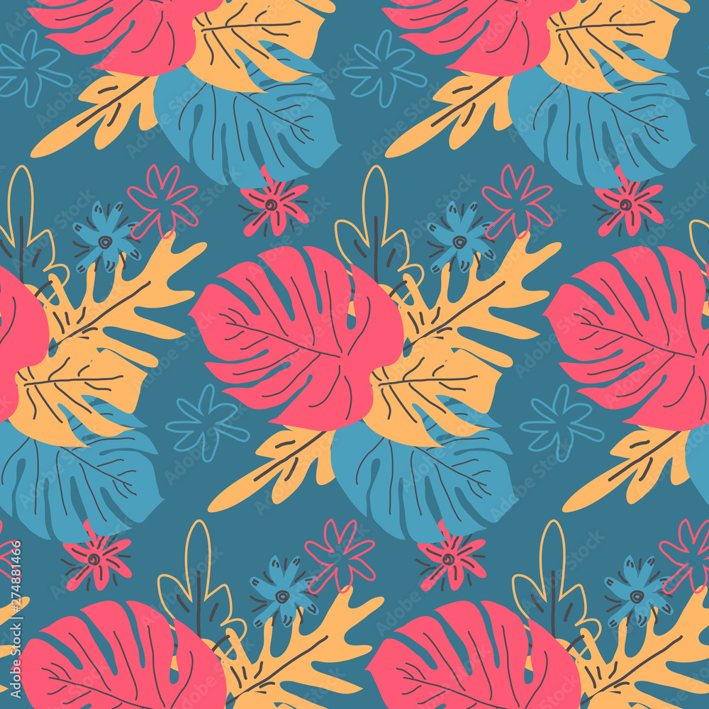 Seamless pattern with tropical leaves. Hand drawn summer print. Seamless pattern with tropical leaves. Hand drawn summer print.