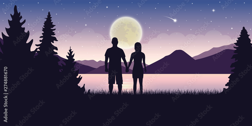 couple in love at beautiful lake at night with full moon and starry sky mystic landscape vector illustration EPS10