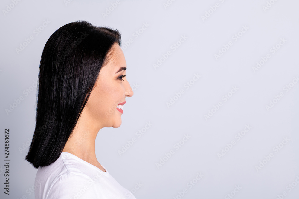 Close up side profile photo beautiful amazing she her lady perfect ideal appearance look wondered empty space thoughtful thought ponder wear casual white t-shirt isolated bright grey background Close up side profile photo beautiful amazing she her lady perfect ideal appearance look wondered empty space thoughtful thought ponder wear casual white t-shirt isolated bright grey background