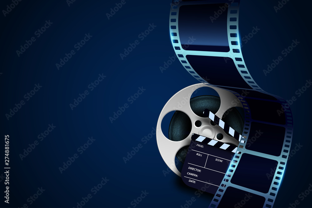 Film reel, clapper board and twisted cinema tape isolated on blue background. Movie poster template with sample text for cinema design. Cinematography concept. Vector illustration