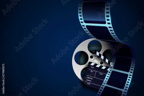 Film reel, clapper board and twisted cinema tape isolated on blue background. Movie poster template with sample text for cinema design. Cinematography concept. Vector illustration