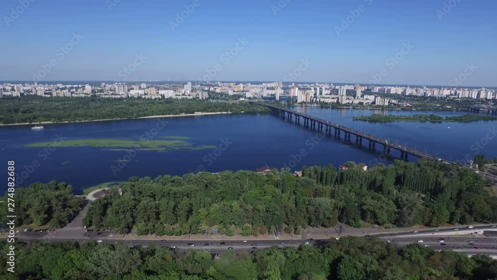 Aerial drone pedestal down shot of the Dnieper River Kiev Ukraine Aerial drone pedestal down shot of the Dnieper River Kiev Ukraine