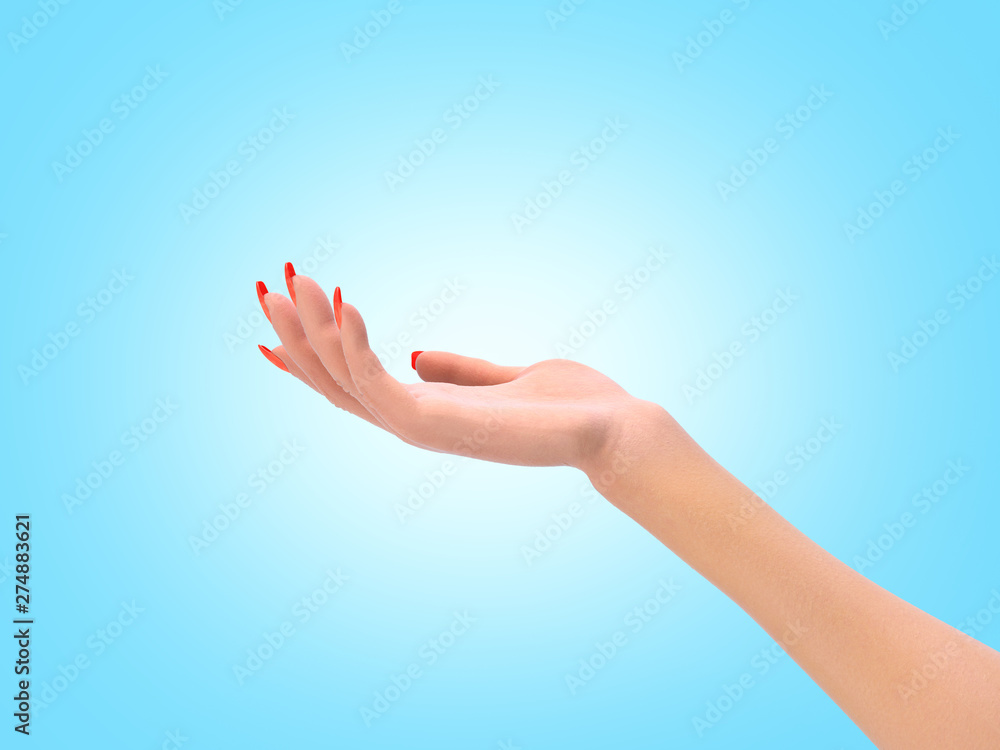 female hand in a static pose 3d render on blue gradient