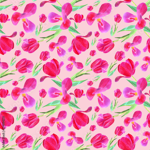 pink tulips with leaves. Seamless pattern. Texture for print, fabric, textile, wallpaper. Hand drawn watercolor illustration on pink