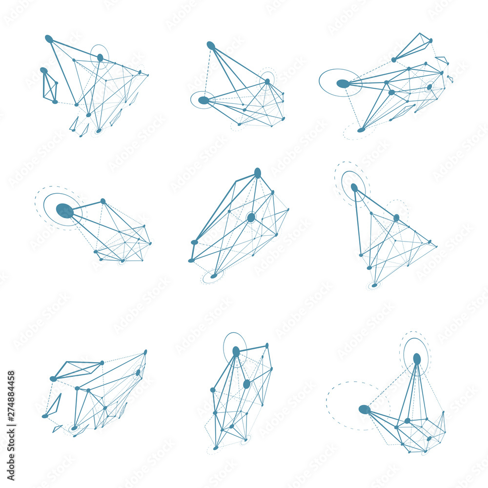 3d vector digital polygonal wireframe objects. Low poly shapes collection, lattice forms for use in web design. Innovation technologies abstract illustrations. 3d vector digital polygonal wireframe objects. Low poly shapes collection, lattice forms for use in web design. Innovation technologies abstract illustrations.