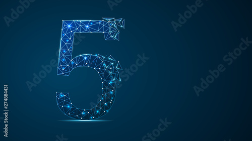 number five 2D low poly abstract illustration consisting of points, lines, and shapes in the form of planets, stars and the universe. Raster digit 5 wireframe concept.