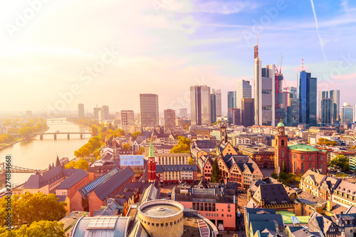 Panoramic view cityscape skyline of business district with skyscrapers during sunrise, Frankfurt am Main. Hessen, Germany
