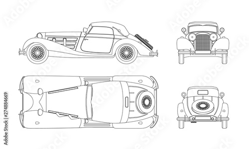 Outline blueprint of retro car on white background. Vintage cabriolet. Front, side, top and back view. Industrial isolated drawing