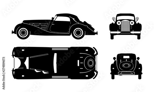 Black silhouette of retro car on white background. Vintage cabriolet blueprint. Front, side, top and back view. Industrial isolated drawing