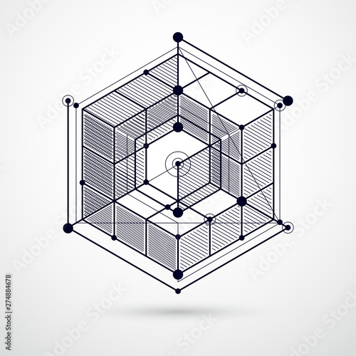 Vector of modern abstract cubic lattice lines black and white background. Layout of cubes, hexagons, squares, rectangles and different abstract elements. Abstract technical 3D background.