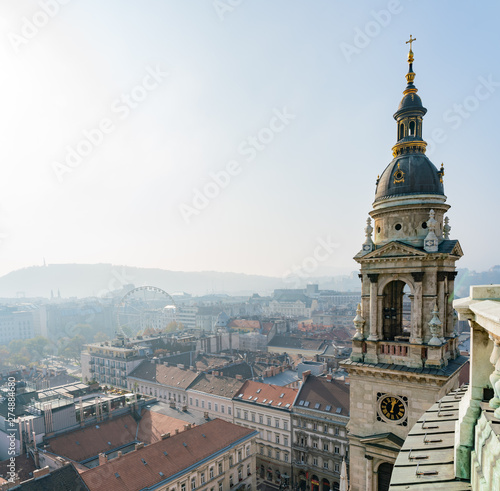 Tower of the St. Stephen's Basilica and aerial cityscape