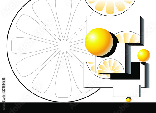 abstract composition of oranges and cuboid