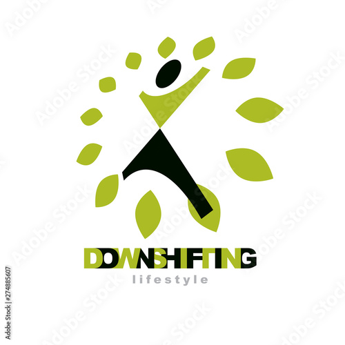 Vector illustration of happy abstract human with reaching up. Downshifting concept logo. Vegetarian theme icon. Green tourism symbol.