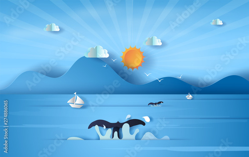 3D illustration of tail whale on sea view sunlight blue sky,Summer time season concept,Boat floating in the sea on blue sky.Graphic design Seaside landscape, Paper craft and cut idea,vector.EPS10