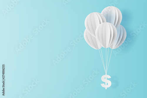 illustration of balloon fly with dollar sign on blue sky. Business and management concept idea.Creative design paper cut and craft style scene for your text.By pastel color.Financial exchange.vector