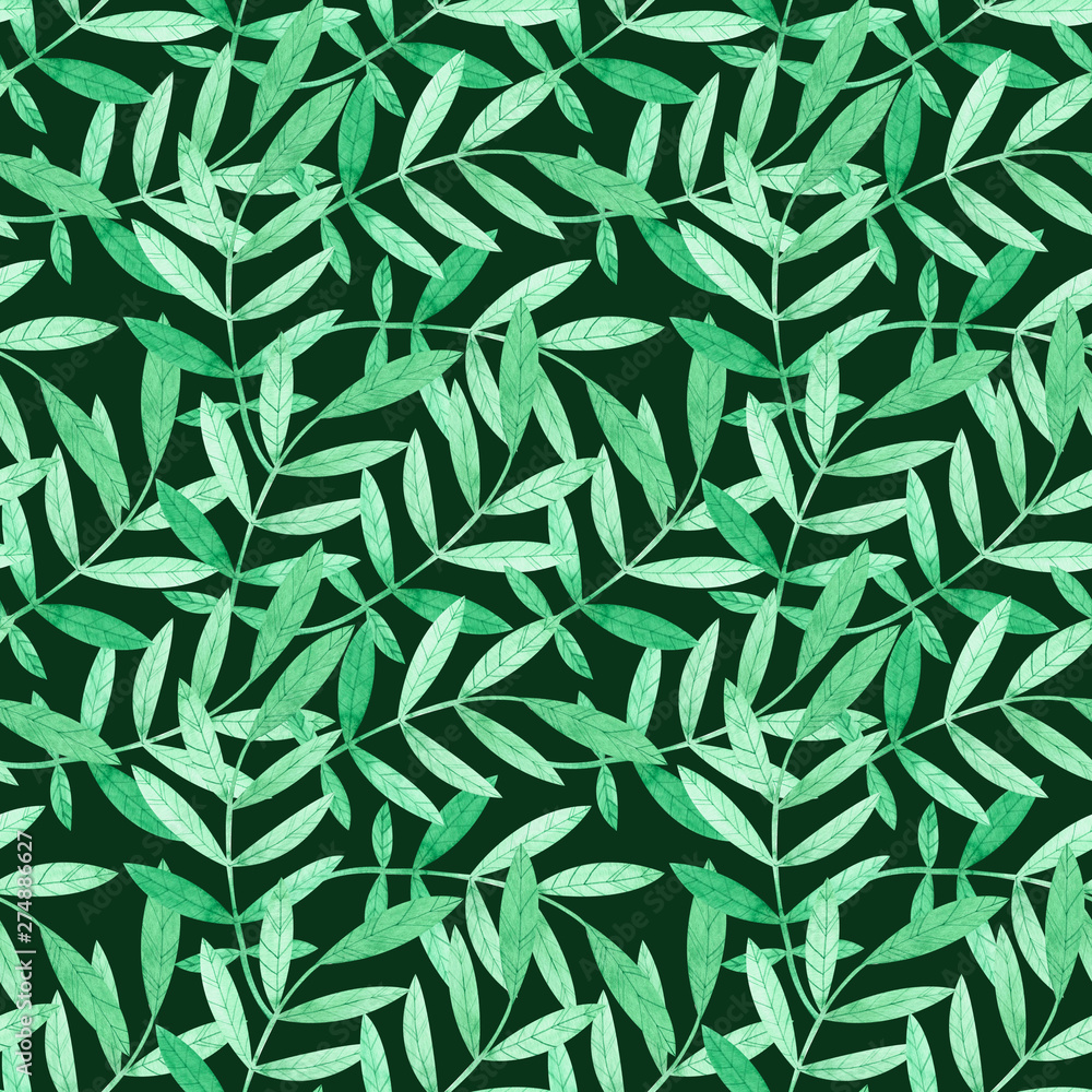 Watercolor seamless pattern with green branches on black background. Watercolor seamless pattern with green branches on black background.