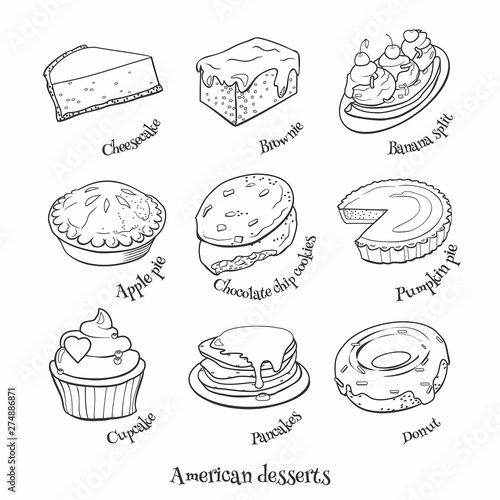 Collection of traditional American desserts. Hand drawn sketch in doodle style.